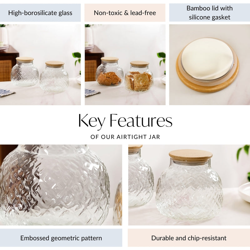 Embossed Glass Jar With Bamboo Lid Set Of 2 1200ml