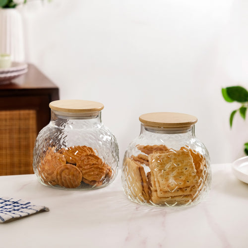 Embossed Glass Jar With Bamboo Lid Set Of 2 1200ml
