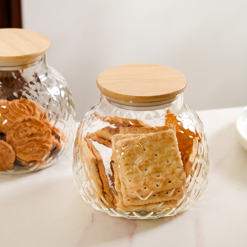 Embossed Glass Jar With Bamboo Lid Set Of 2 1200ml