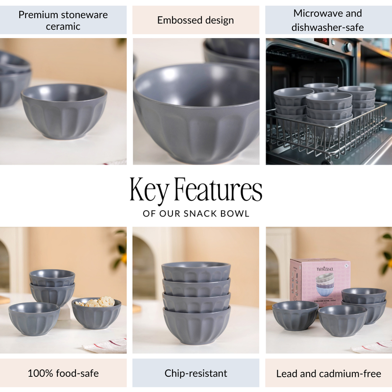 Embossed Grey Ceramic Bowl Set Of 4 580ml