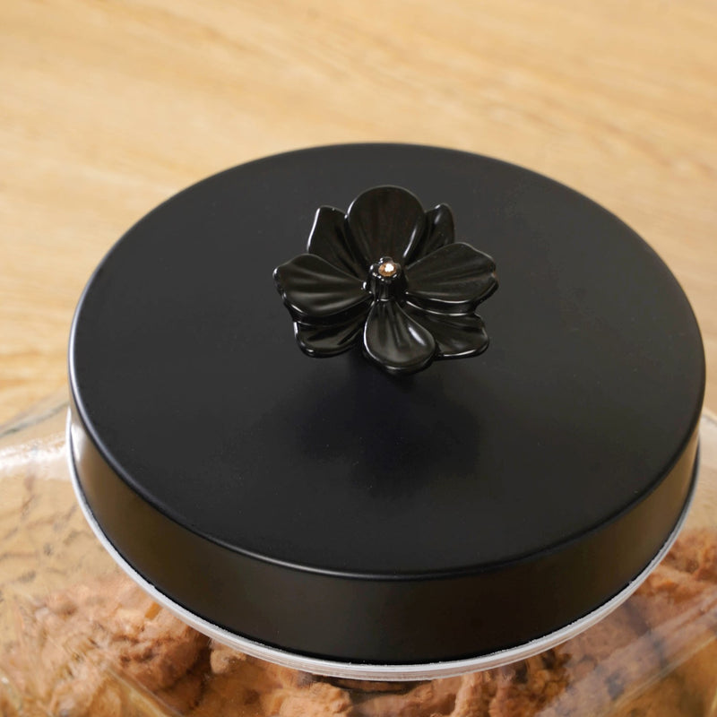 Embossed Jar With Flower Knob Set Of 4 Matte Black 1300ml