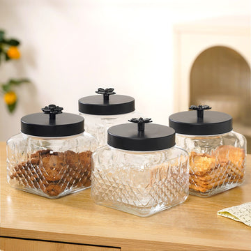 Embossed Jar With Flower Knob Set Of 4 Matte Black 1300ml