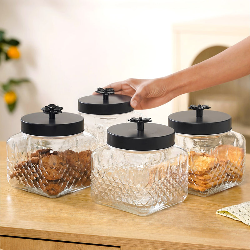 Embossed Jar With Flower Knob Set Of 4 Matte Black 1300ml
