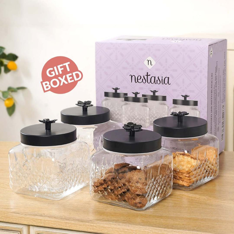 Embossed Jar With Flower Knob Set Of 4 Matte Black 1300ml