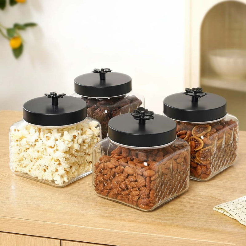 Embossed Jar With Flower Knob Set Of 4 Matte Black 1300ml