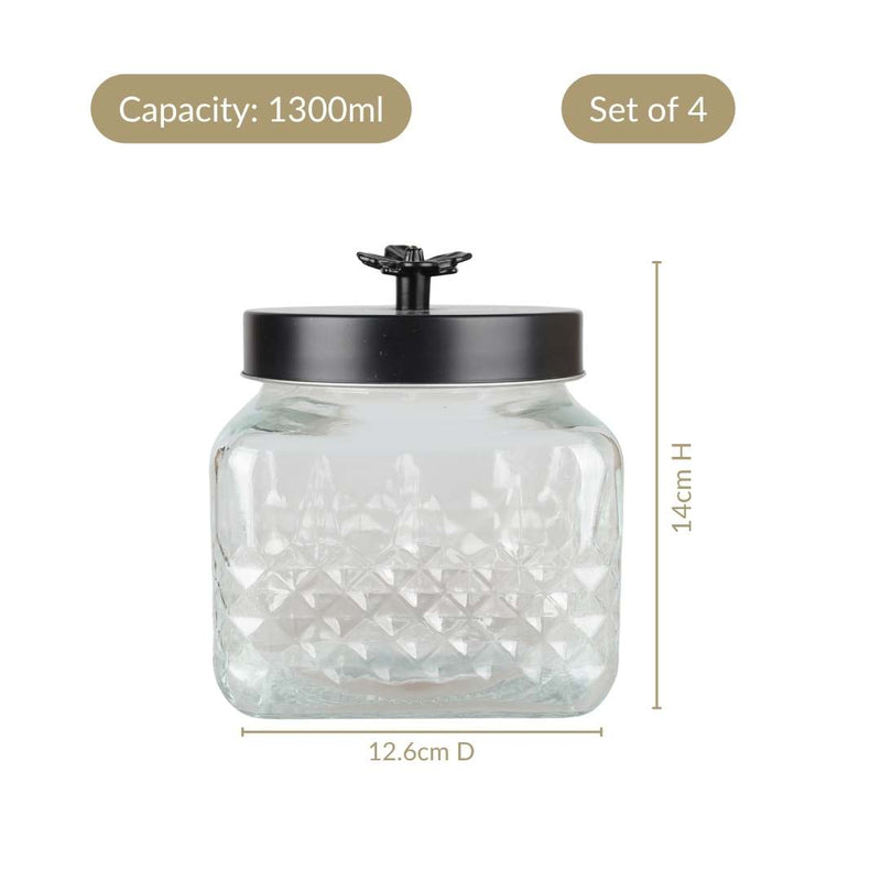 Embossed Jar With Flower Knob Set Of 4 Matte Black 1300ml