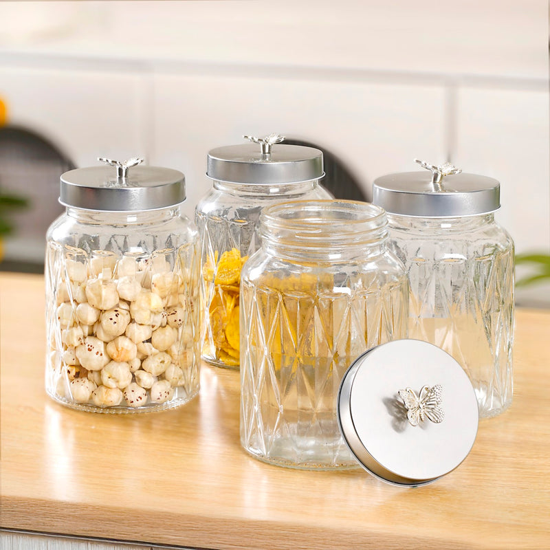 Embossed Jar With Butterfly Accent Knob Set Of 4 1000ml