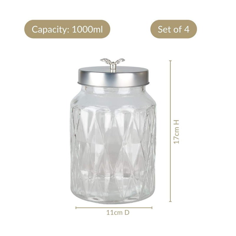 Embossed Jar With Butterfly Accent Knob Set Of 4 1000ml
