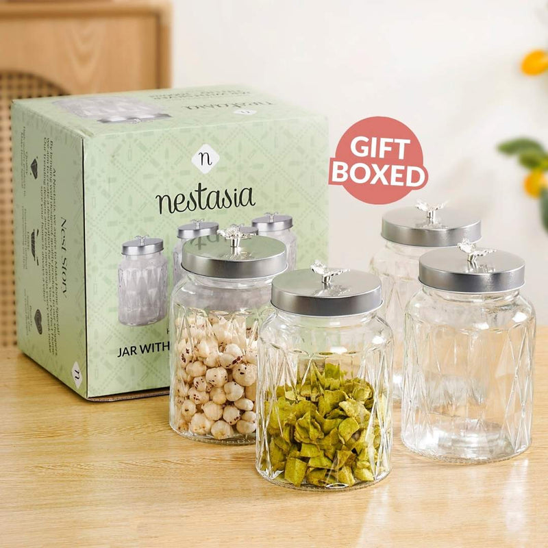 Embossed Jar With Butterfly Accent Knob Set Of 4 1000ml
