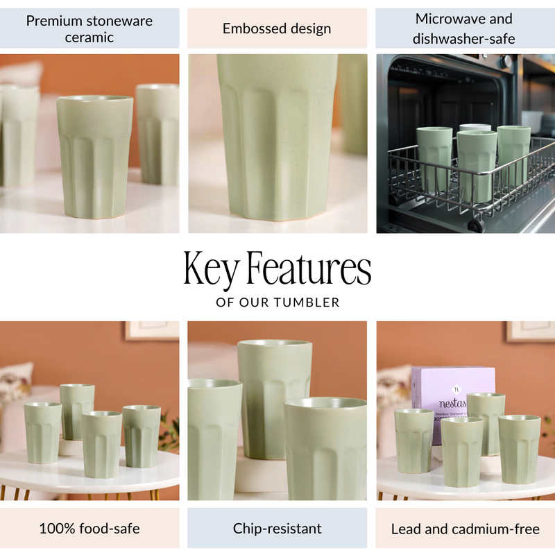 Embossed Sage Green Ceramic Tumbler Set Of 4 380ml