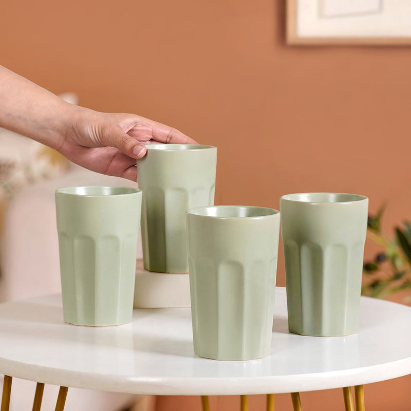 Embossed Sage Green Ceramic Tumbler Set Of 4 380ml