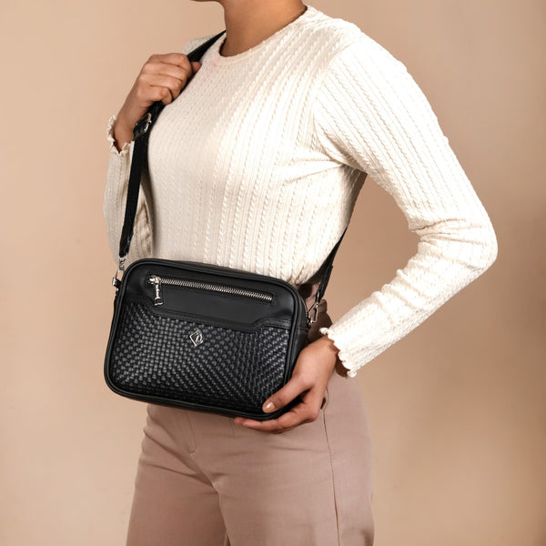 Embossed Solid Black Crossbody Bag