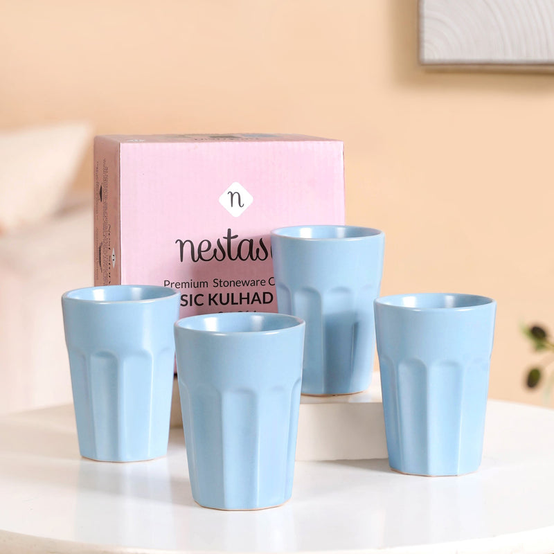 Embossed Ceramic Tea Cup Set Of 4 Baby Blue 200ml