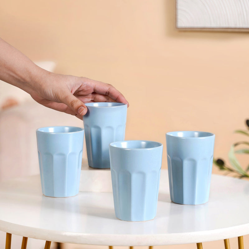 Embossed Ceramic Tea Cup Set Of 4 Baby Blue 200ml