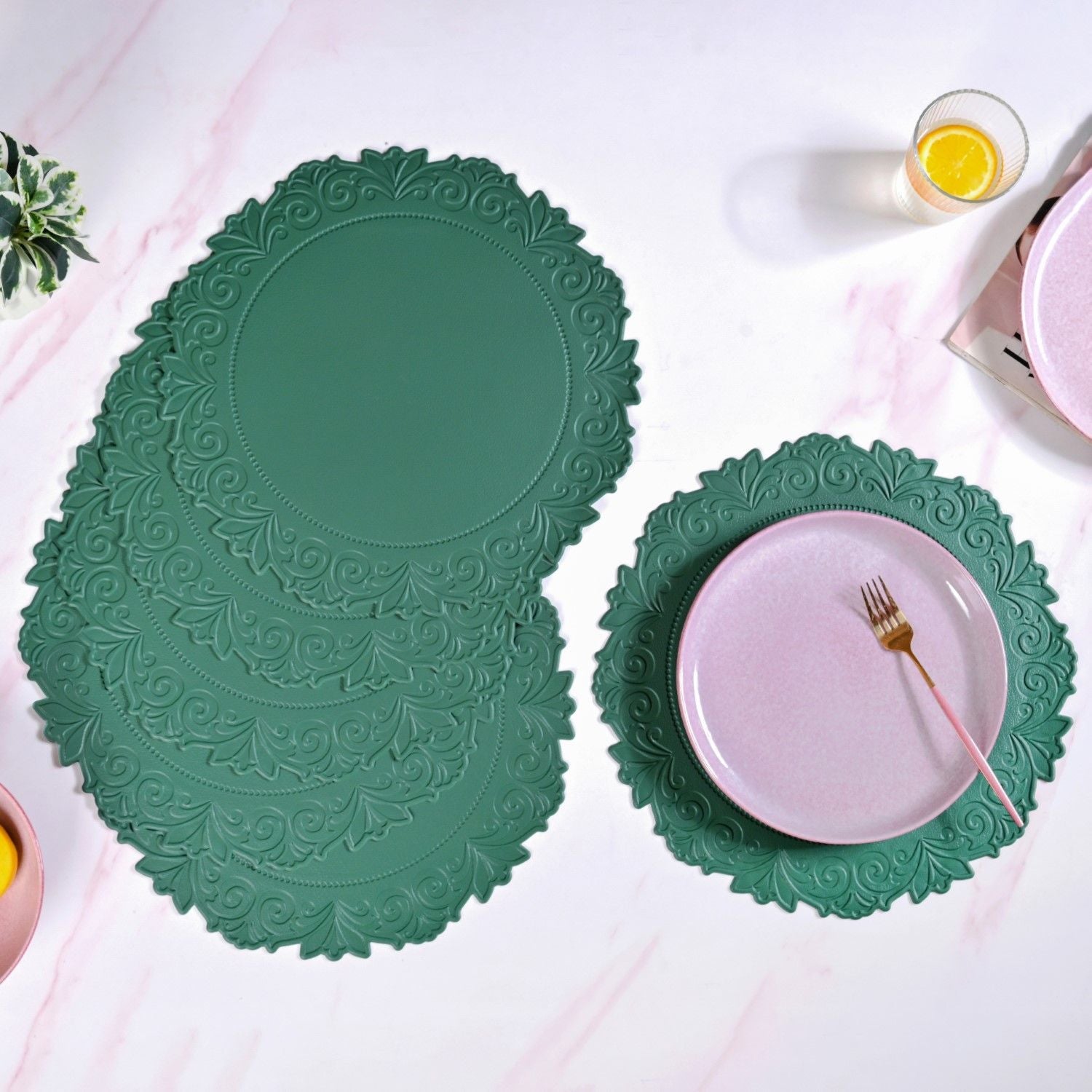 Embossed Green Round Placemat Set Of 6