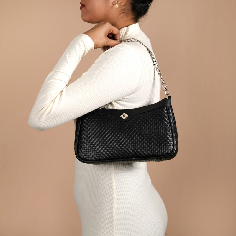 Embossed Solid Black Shoulder Bag For Ladies