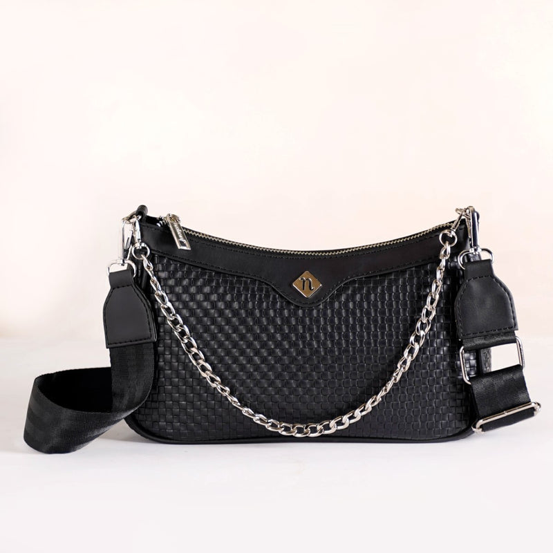 Embossed Solid Black Shoulder Bag For Ladies