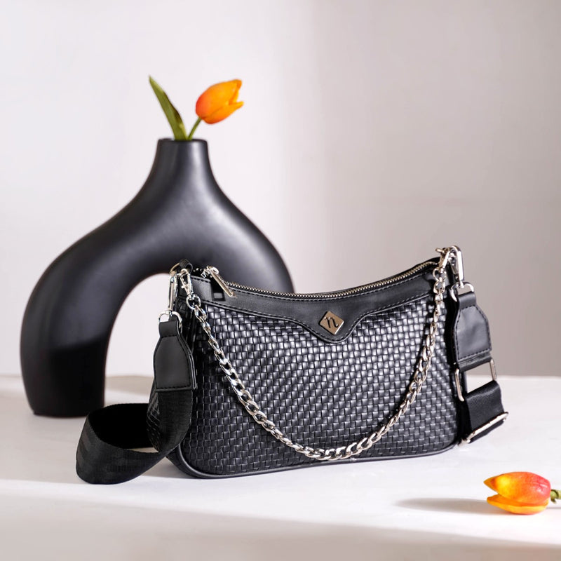 Embossed Solid Black Shoulder Bag For Ladies