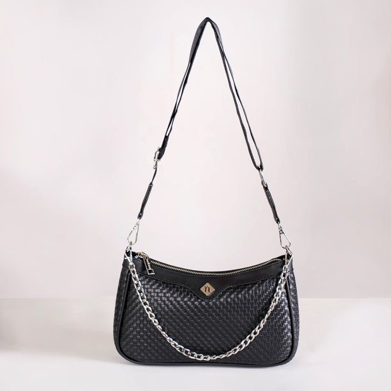 Embossed Solid Black Shoulder Bag For Ladies