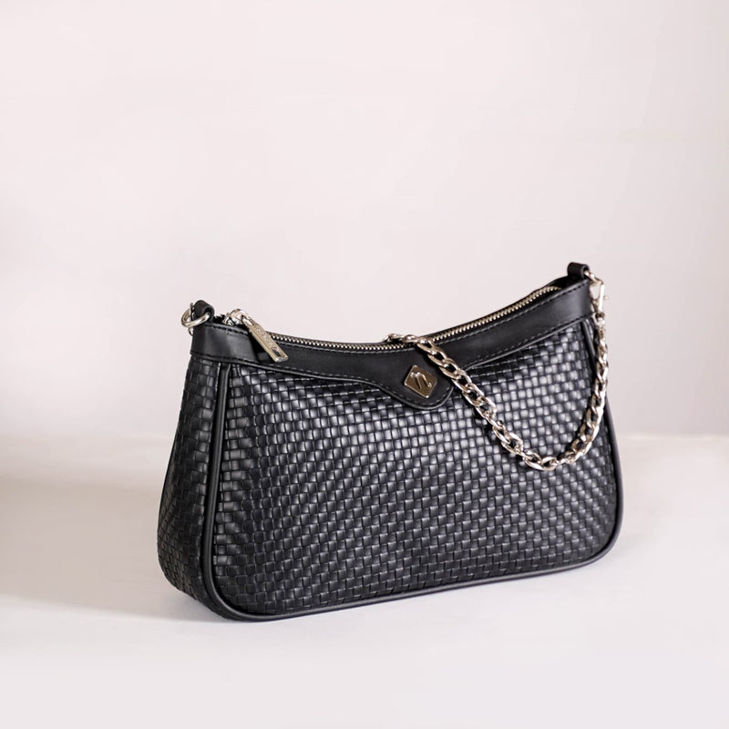 Embossed Solid Black Shoulder Bag For Ladies