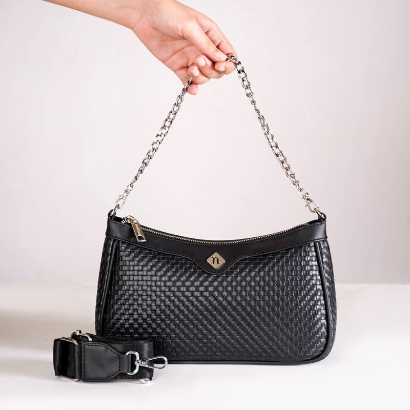 Embossed Solid Black Shoulder Bag For Ladies