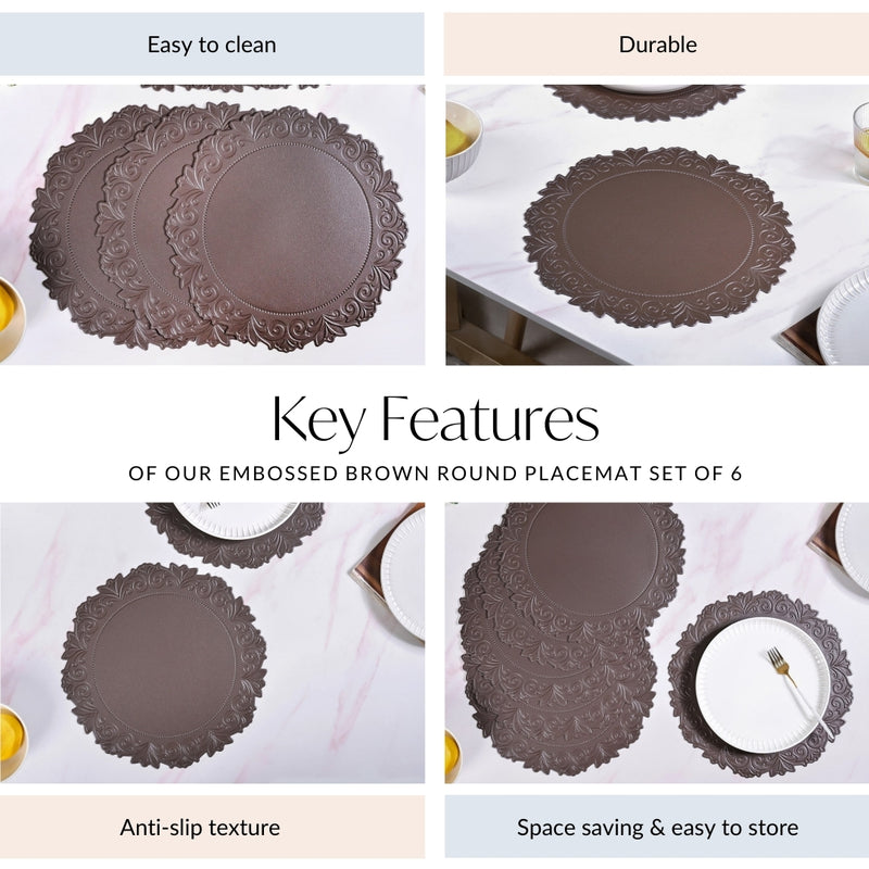 Embossed Brown Round Placemat Set Of 6