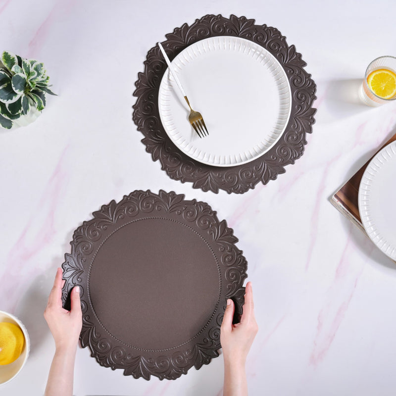 Embossed Brown Round Placemat Set Of 6