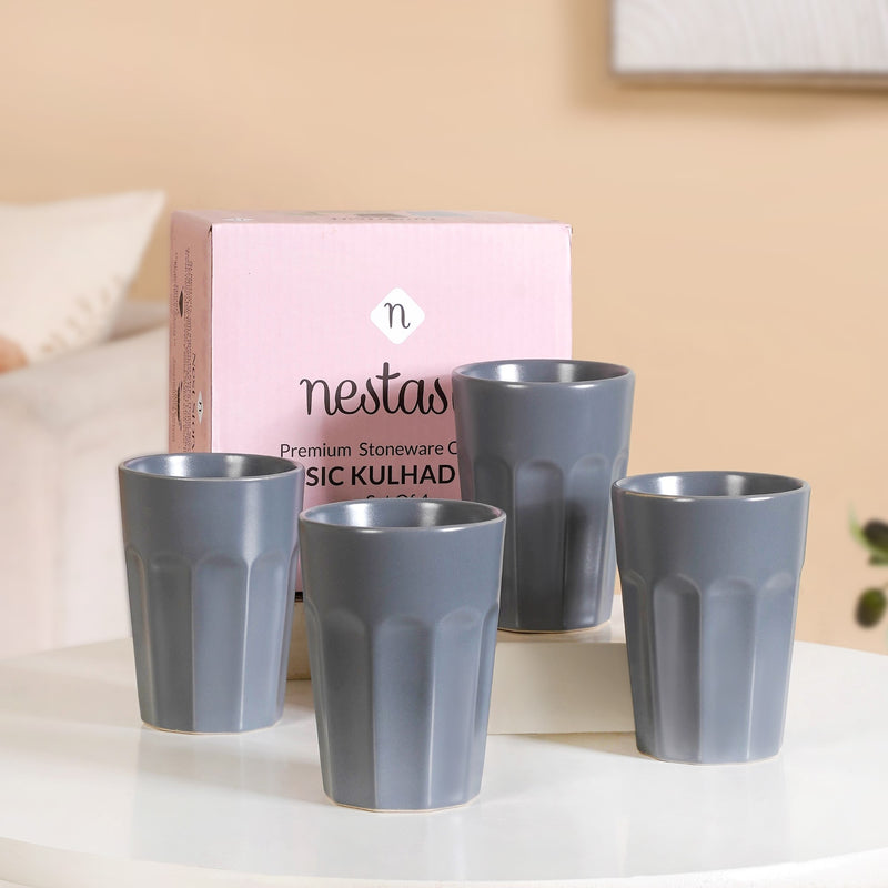 Embossed Ceramic Tea Cup Set Of 4 Grey 200ml