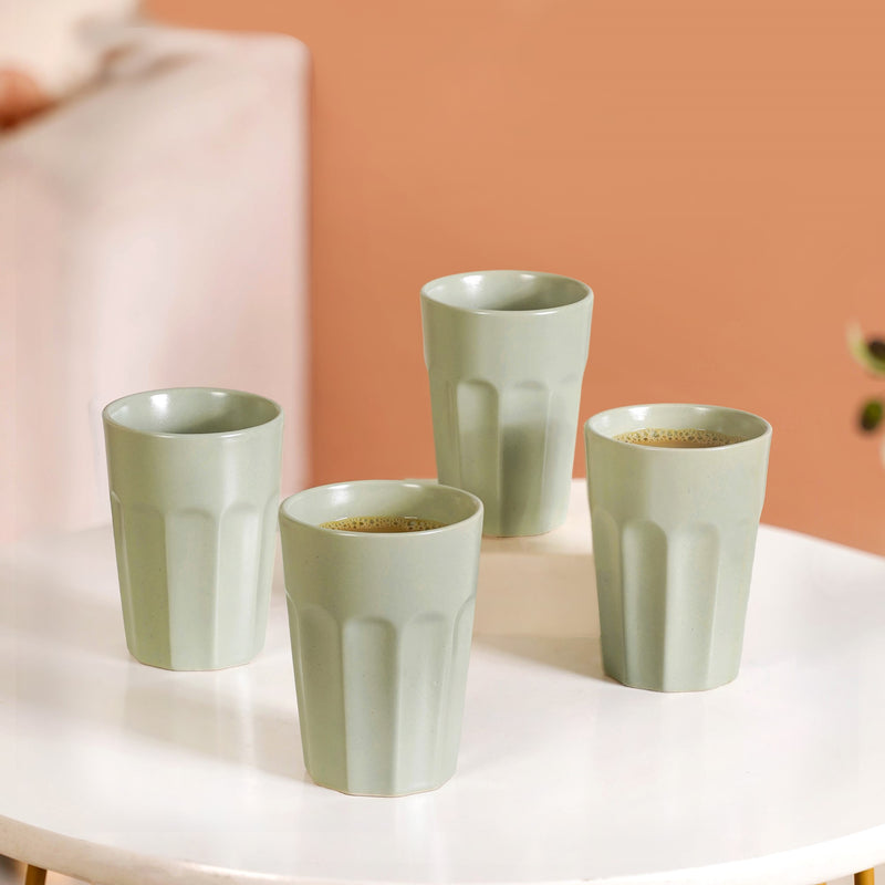 Embossed Ceramic Tea Cup Set Of 4 Sage Green 200ml