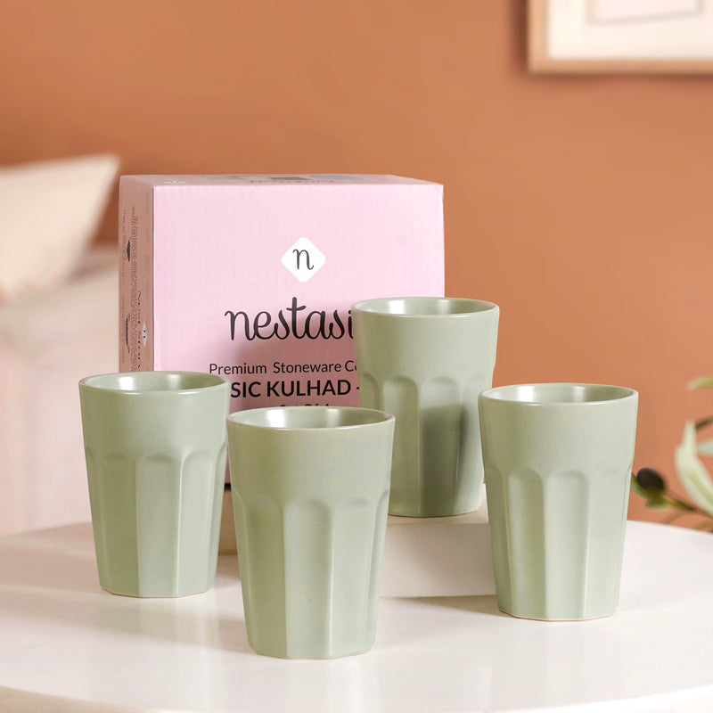 Embossed Ceramic Tea Cup Set Of 4 Sage Green 200ml