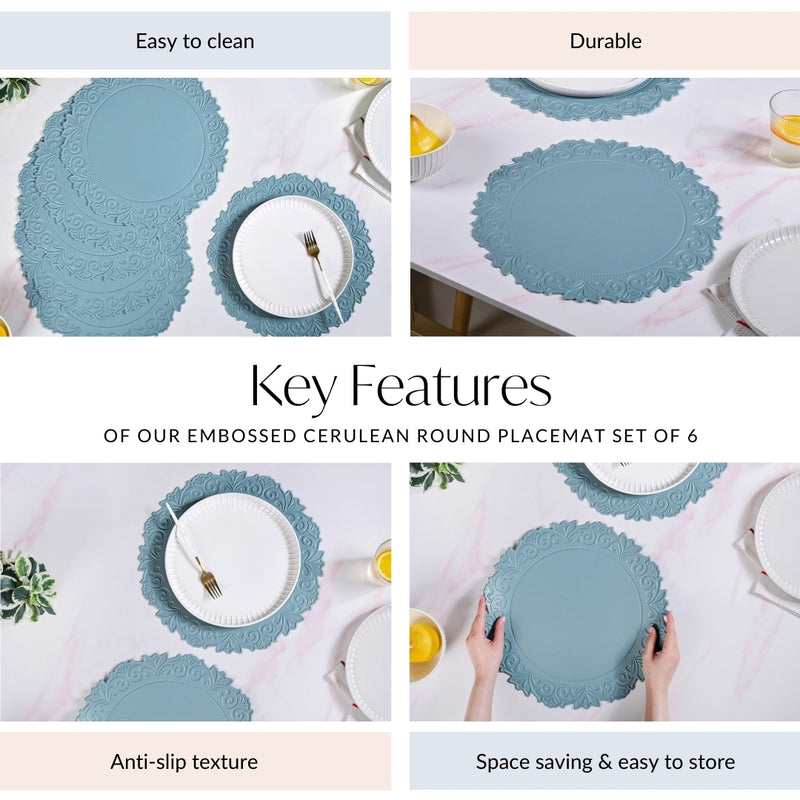 Embossed Cerulean Round Placemat Set Of 6