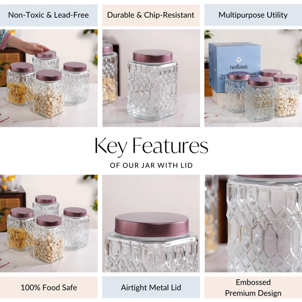 Set Of 4 Square Glass Containers With Airtight Lid 1700ml