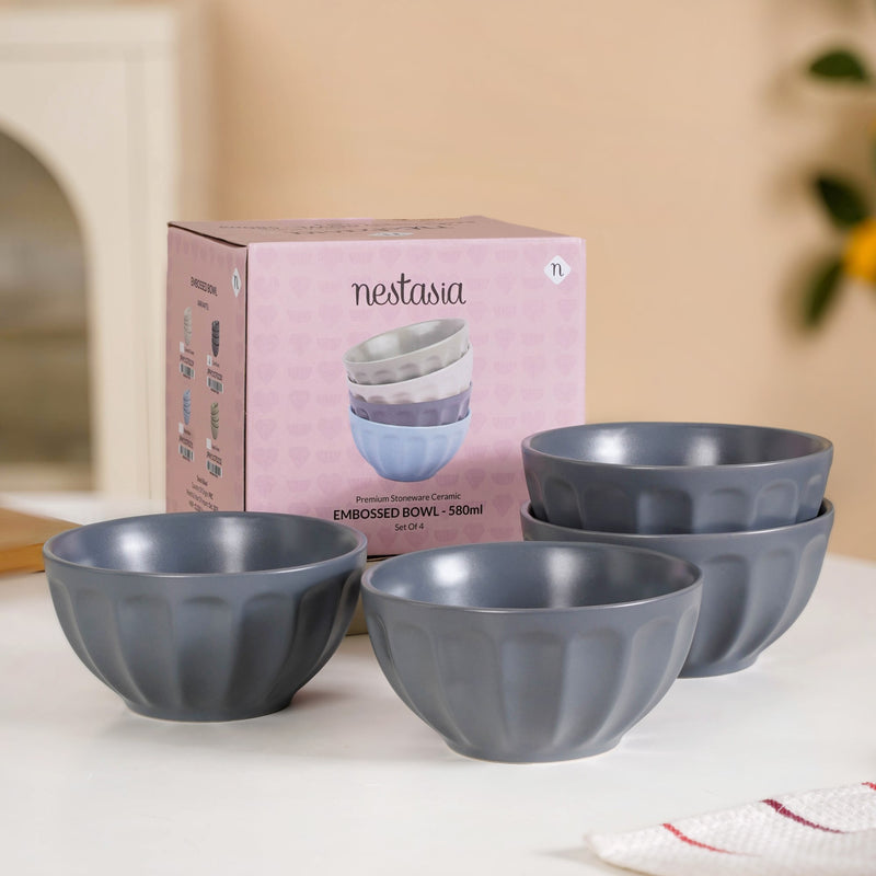 Embossed Grey Ceramic Bowl Set Of 4 580ml