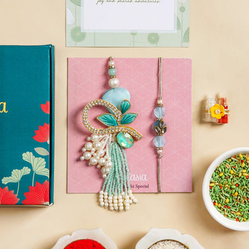 Embroidered Aqua Rakhi And Lumba Gift Set