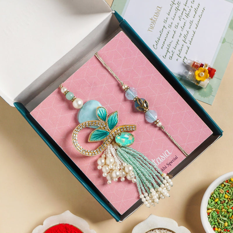 Embroidered Aqua Rakhi And Lumba Gift Set