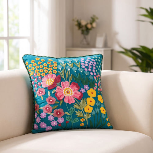 Enchanted Flora Cotton Embroidered Cushion Cover 40x40cm