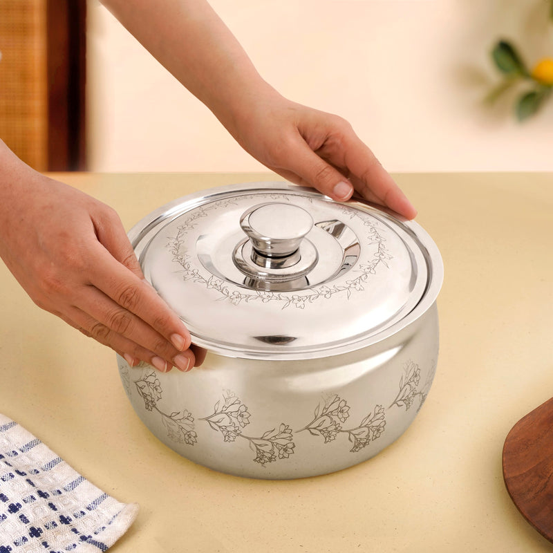 Engraved Floral Stainless Steel Hot Pot Casserole 2000ml