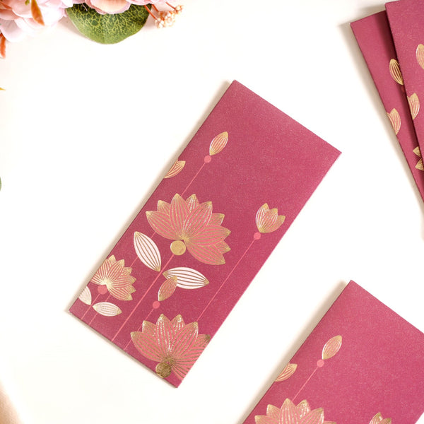 Gold Lotus Shagun Paper Envelopes For Cash Gift Set Of 12 Maroon