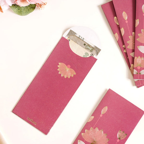 Gold Lotus Shagun Paper Envelopes For Cash Gift Set Of 12 Maroon