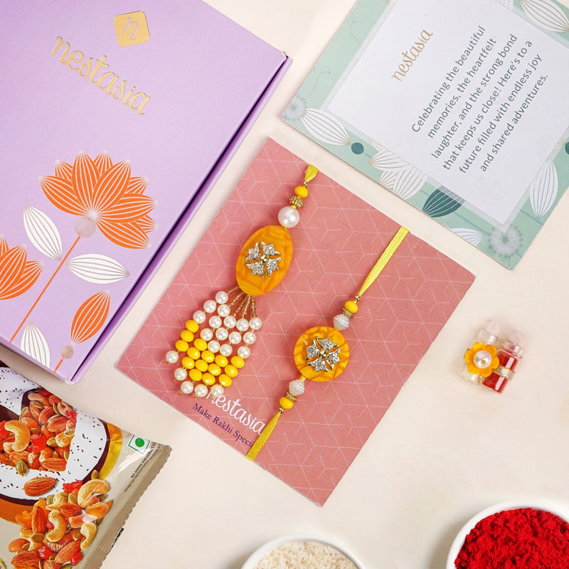 Ethereal Yellow Pearl Rakhi Lumba Gift Set