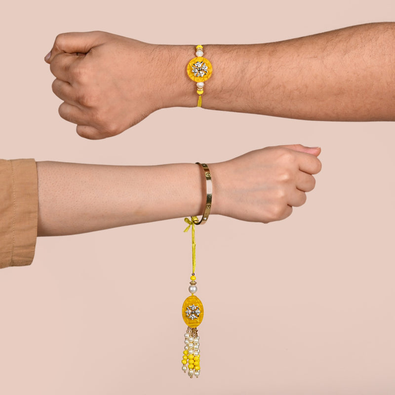 Ethereal Yellow Pearl Rakhi Lumba Gift Set