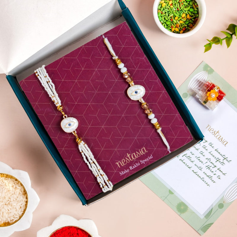 Evil Eye Protection White Rakhi Bracelet Gift Set