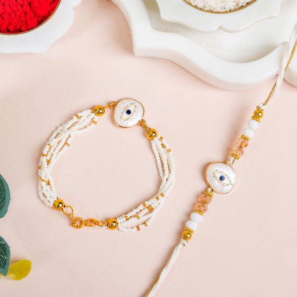 Evil Eye Protection White Rakhi Lumba Gift Set