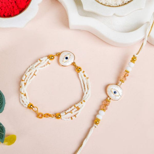 Evil Eye Protection White Rakhi Lumba Gift Set