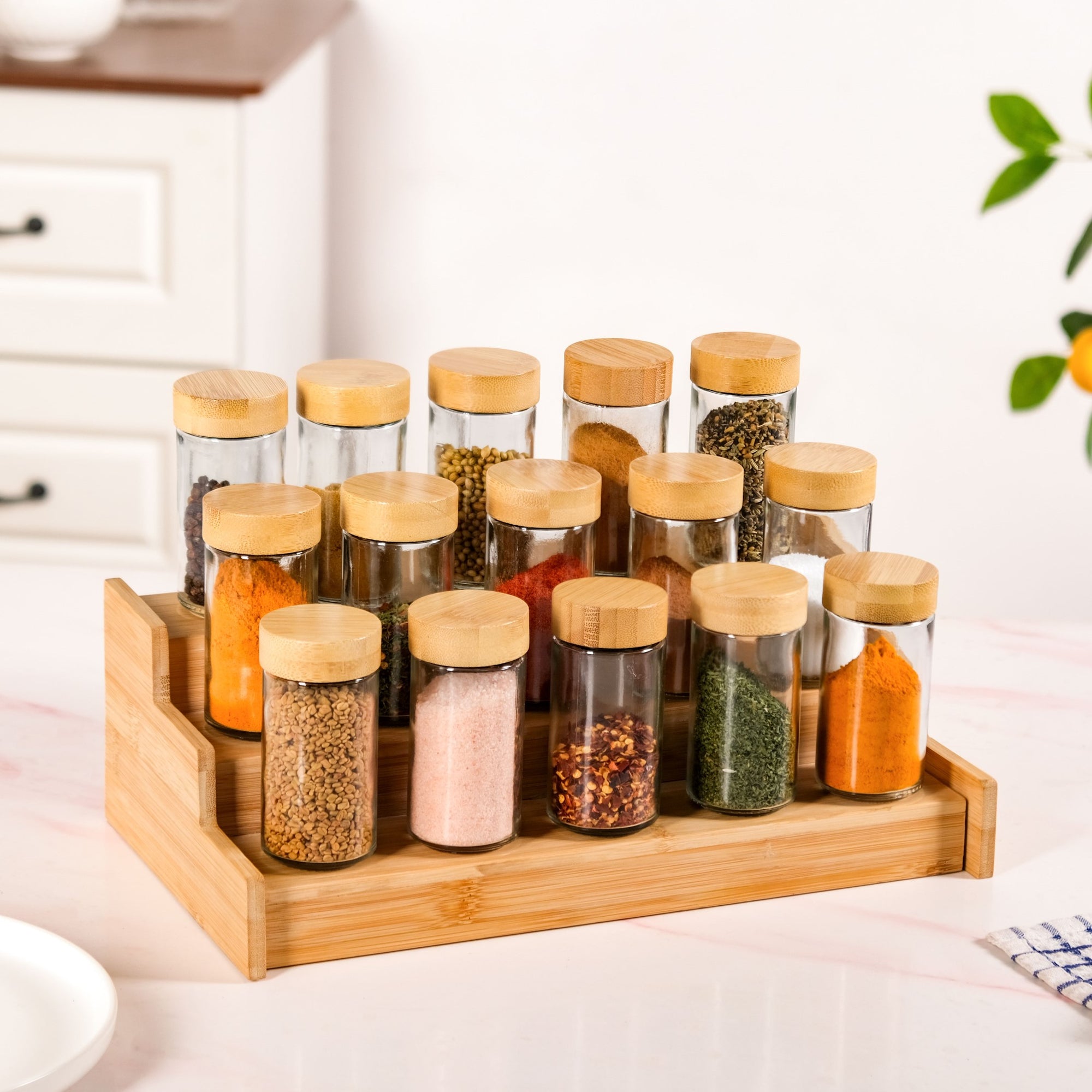 Extendable Wooden Kitchen Organiser Rack With Airtight Spice Jars