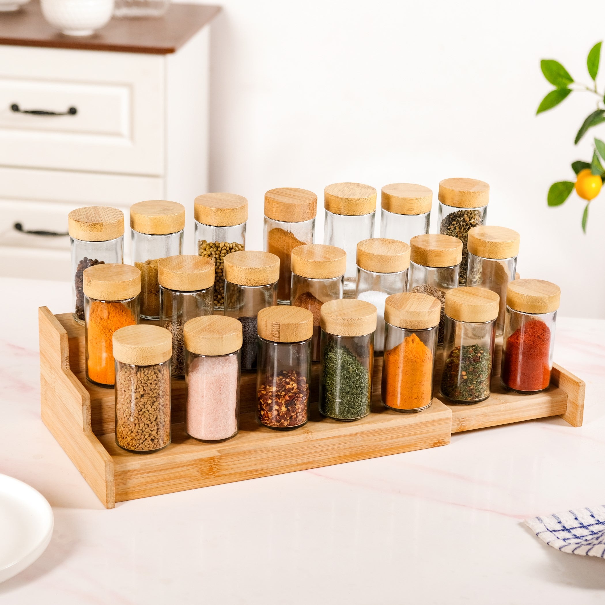 Airtight Spice Jars Set Of 21 With Expandable Wooden Kitchen Organiser Rack