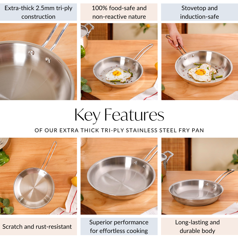 Tri Ply Thick Stainless Steel Fry Pan Induction Safe 1750ml