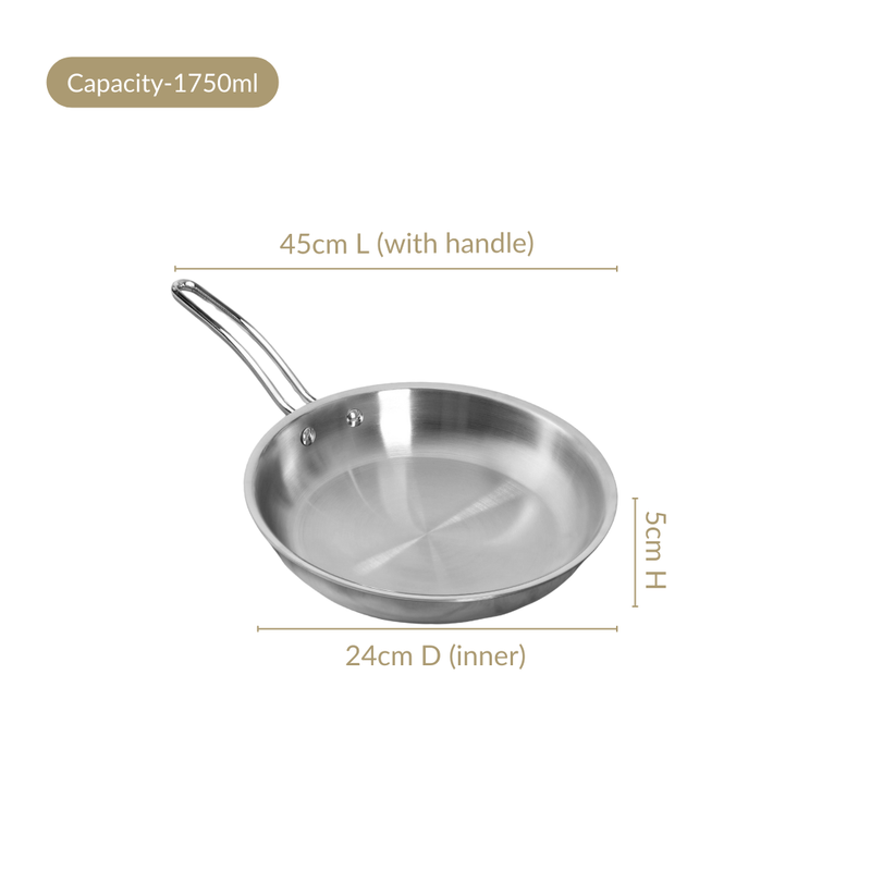Tri Ply Thick Stainless Steel Fry Pan Induction Safe 1750ml