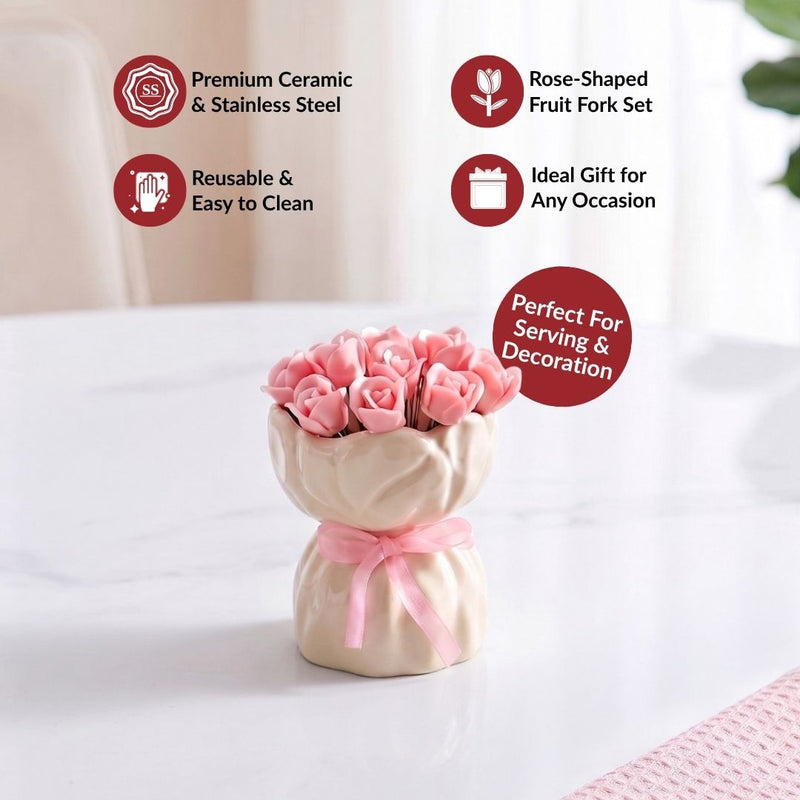 Pink Rose Fruit Fork With Ceramic Vase Set Of 13