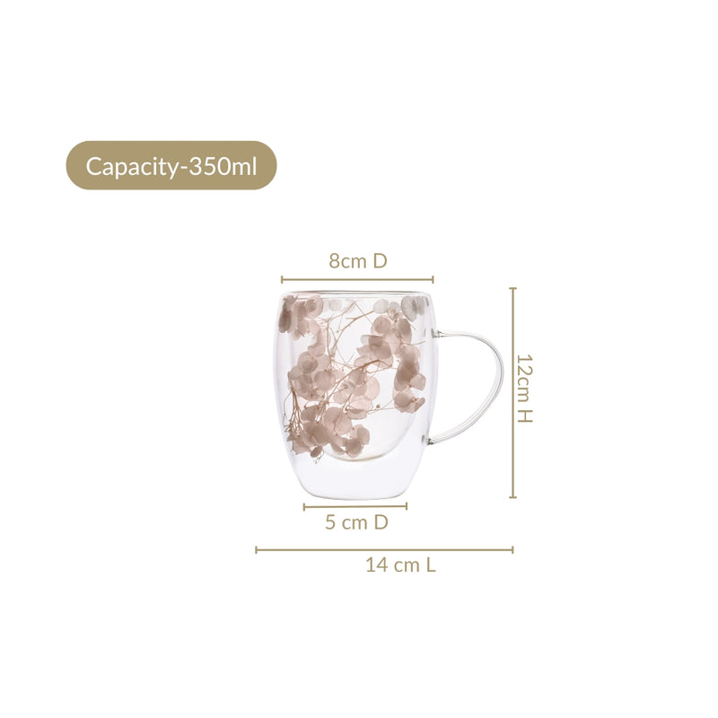 Faux Flowers Double Glass Coffee Mug Set Of 2 350ml